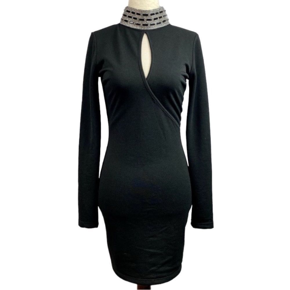 Vintage 90s NY Trends Black Rhinstone Trimmed Long Sleeve Open Back Sheath Dress
